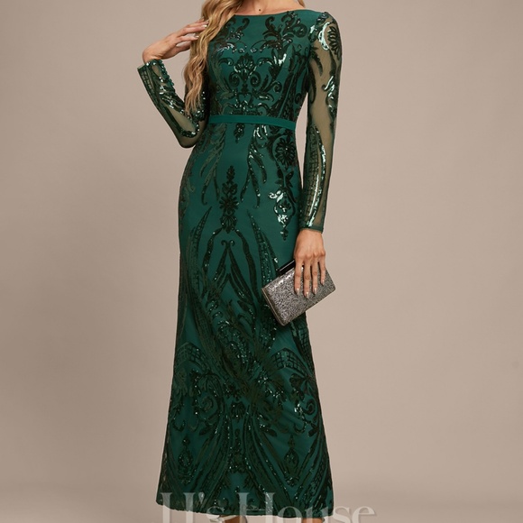 Sheath/Column Boat Neck Ankle Length Sequin Evening Dress - Picture 1 of 3